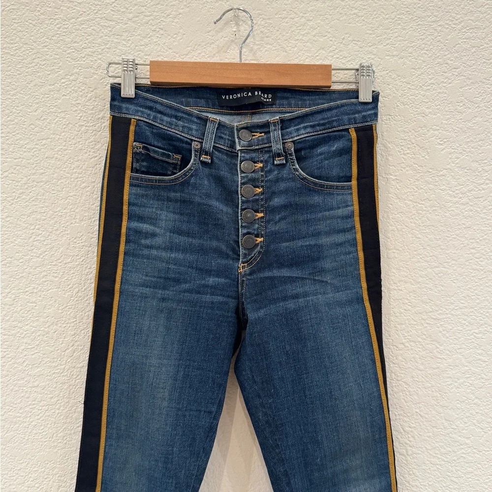 NEW Veronica Beard Crop Slim Fit Button Fly Tuxedo Stripe Jeans in Dark Wash - Picture 8 of 12